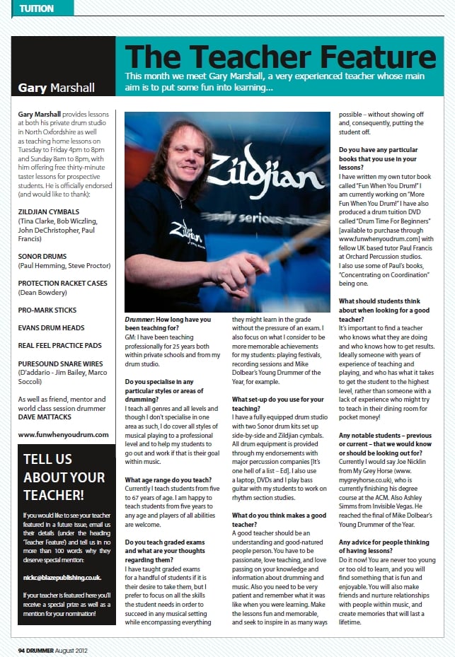 Gary Marshall featured in drum magazine